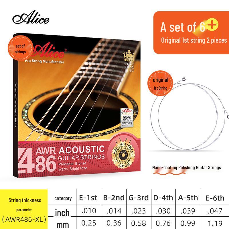 Corde per Chitarra Acustica Alice Folk - Set Completo da 6 (Corde 1ª, 2ª, 3ª come Singole)