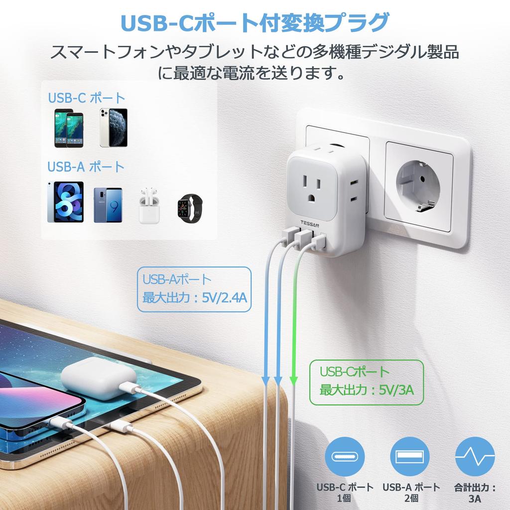 Conversion Plug C Type Korean for Overseas Travel Converter TESSAN Included 4 AC Outlets 2 1 Compatible with Countries Such As USB-C Type-A Type-C