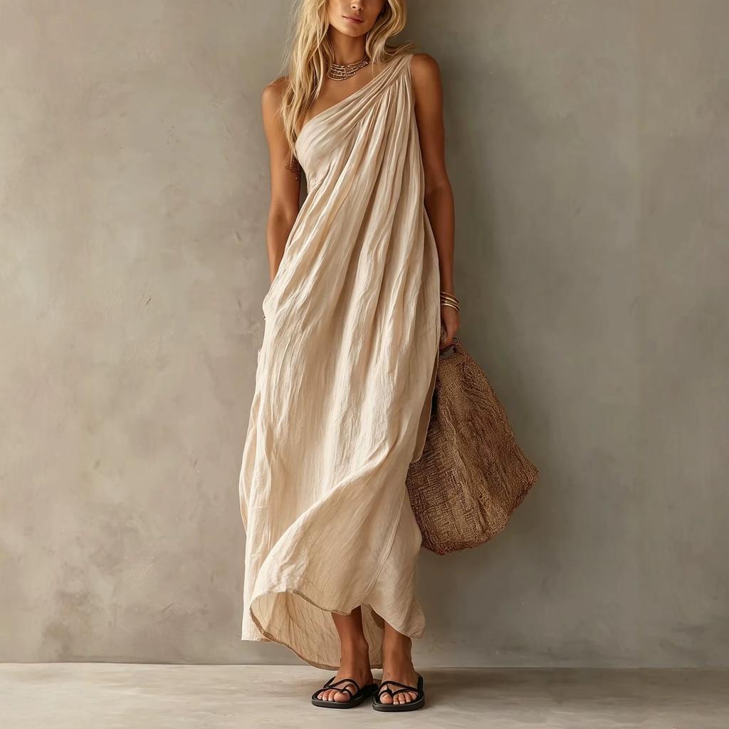 Women One Shoulder Draped Maxi Dress Casual Asymmetric Hem Beach Vacation Dress