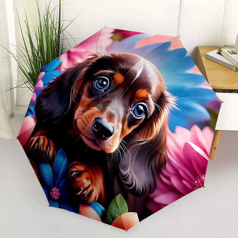 1pc Dachshund Flower Garden Automatic Open/Close Umbrella, 8-Rib Sturdy Frame, Umbrella for Travel, Everyday, Formal Events Yy251126061