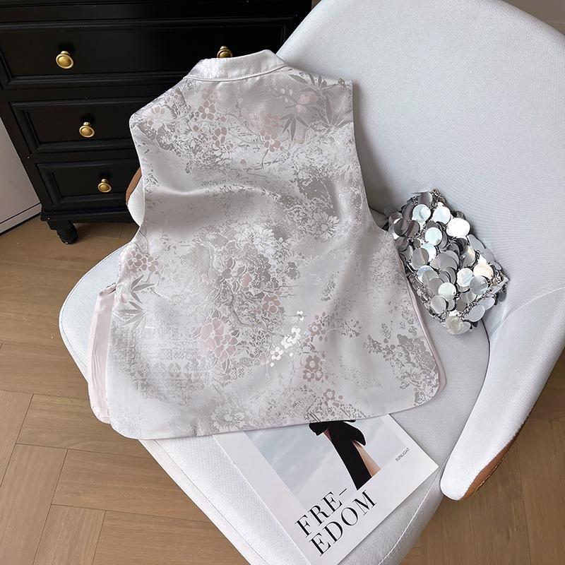 2025 temperament versatile vest women's high-end stand-up collar button-up jacquard sleeveless top