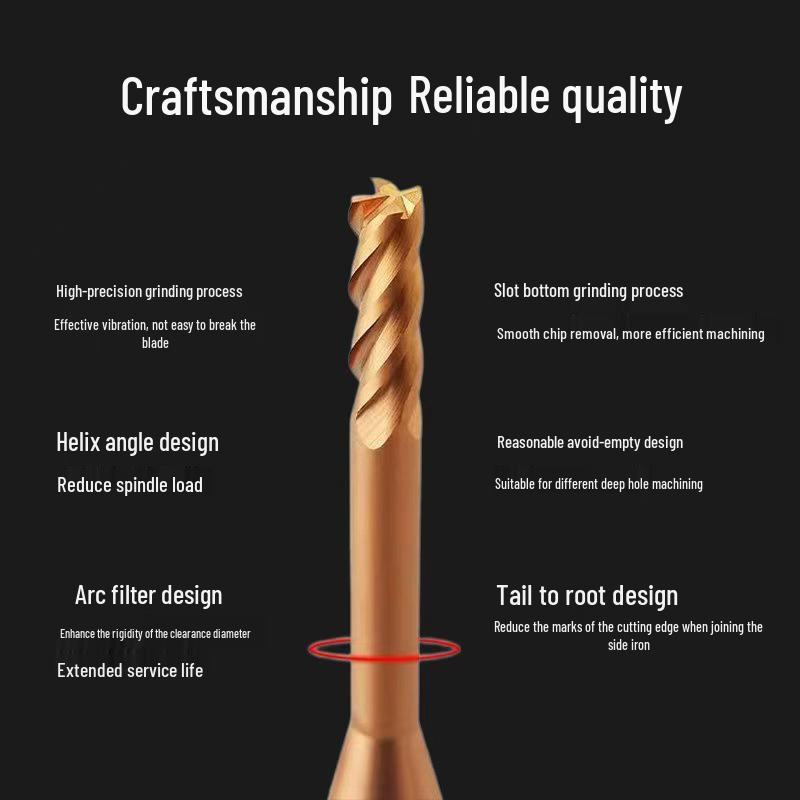 55° 4-Flute Carbide Coated Steel Flat-Bottom Deep-Groove CNC Milling Cutter with Blade Length and Clearance Combo