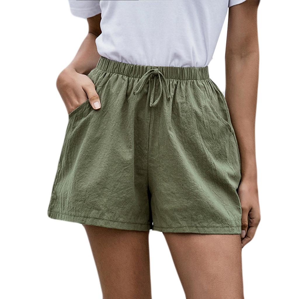 Women Solid High Waist Cotton And Linen Shorts Pants Casual Beach Shorts