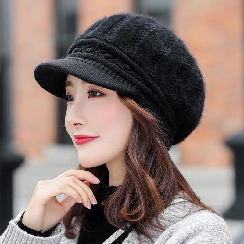 Female Autumn and Winter Casual Rabbit Fur Duck Tongue Beret Winter Cold Warm Knitted Wool Hat