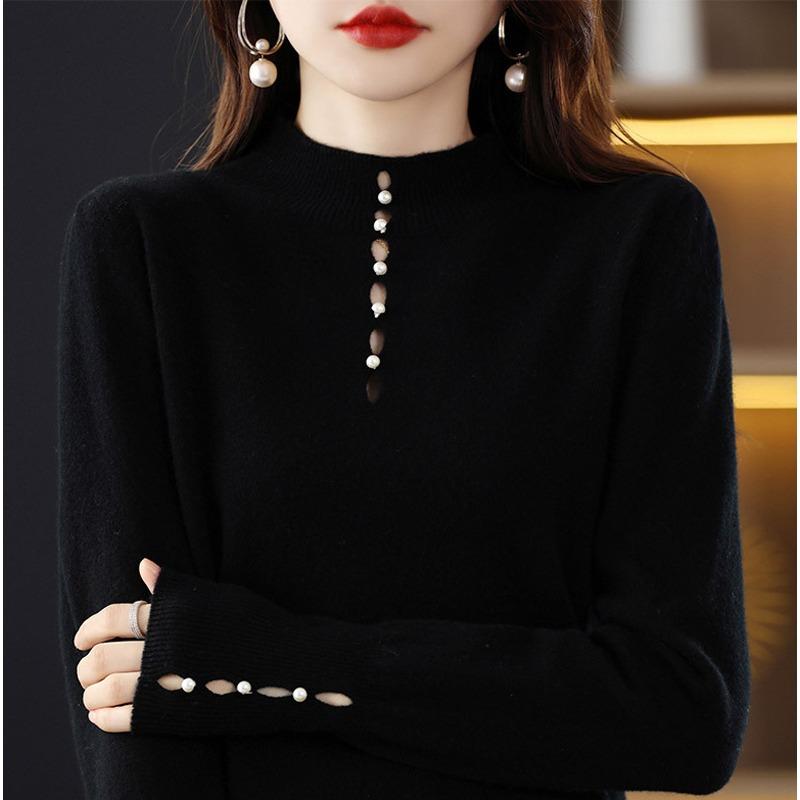 Женский свитер с полувысоким воротником однотонный с жемчужной пряжкой рваный тонкой вязки на осень и зиму для ношения внутри и снаружи кашемировый свитер XXL чёрный 4350₽