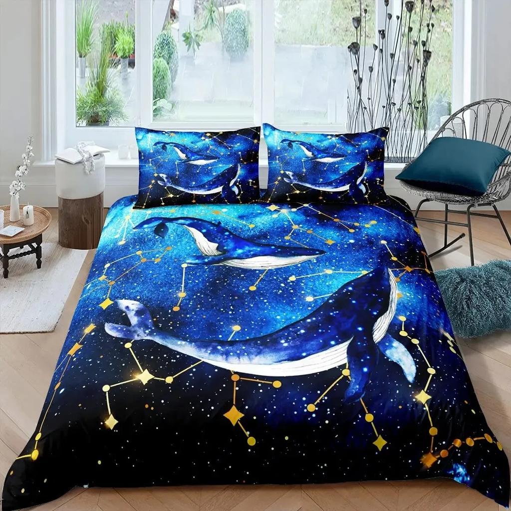 Blue Sea And Galaxy Duvet Cover Set Full,3D Whale Ocean Creatures Bedding Sets Space Starry Mysterious Nebula Comforter Cover