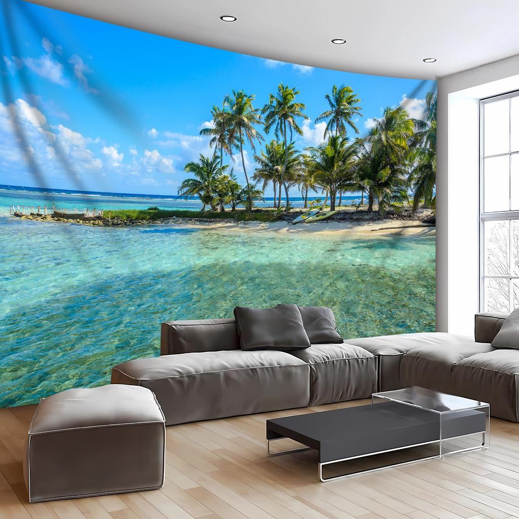 [Tropical Tapestry] 1pc Extra Large Tropical Island Coconut Tree Landscape Photo Digital Print Tapestry | Polyester Aesthetic