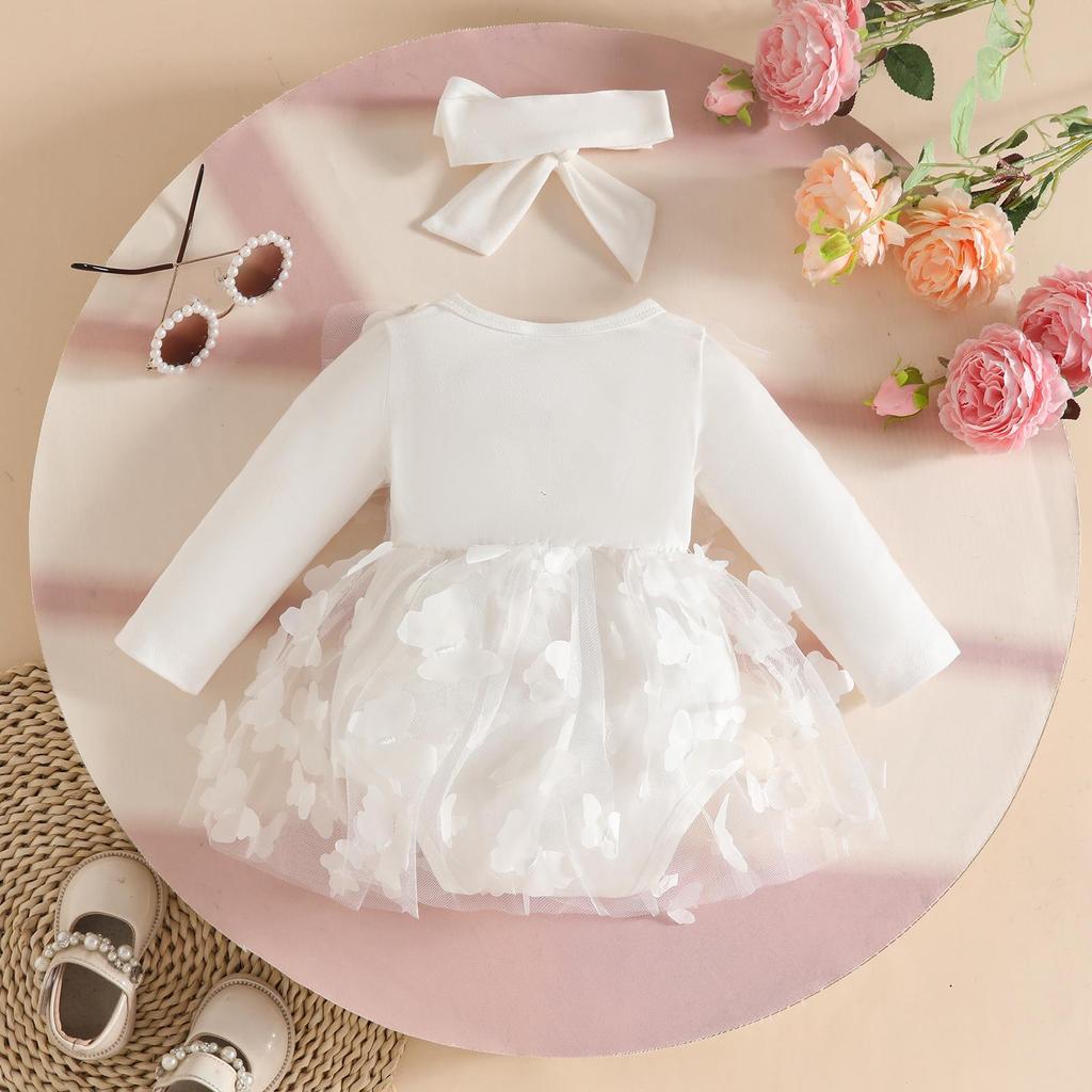 Newborn Baby Girl Applique Mesh Dress with Headband, Autumn/Winter Long Sleeve Knitted Fabric Splice