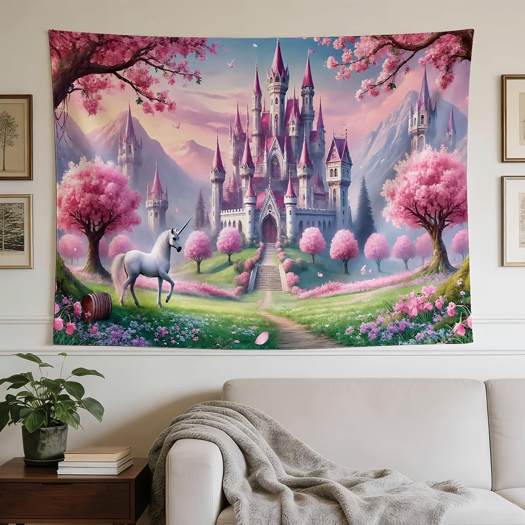 Exquisite Tapestry with Unicorn's Dream Castle Pattern, Ideal for Living Room Bedroom Office Decor and Home Party Wall Decoration