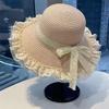 Women Sweet Lace Trim Large Brim Straw Sun Hat For Summer Beach Vacation