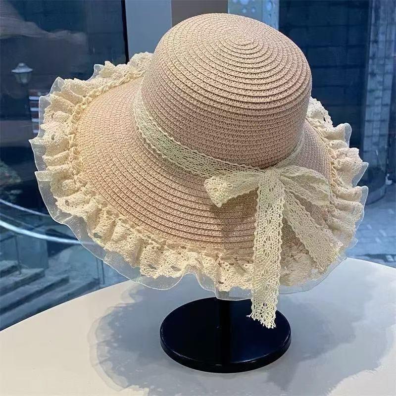 Women Sweet Lace Trim Large Brim Straw Sun Hat For Summer Beach Vacation