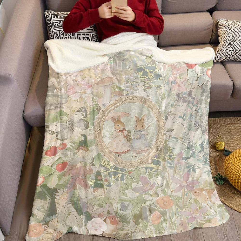 Fairy Rabbit Garden Flannel Blanket Warm Soft Halloween Christmas Couch Warm Cozy Decorative Decor Gift for All Season