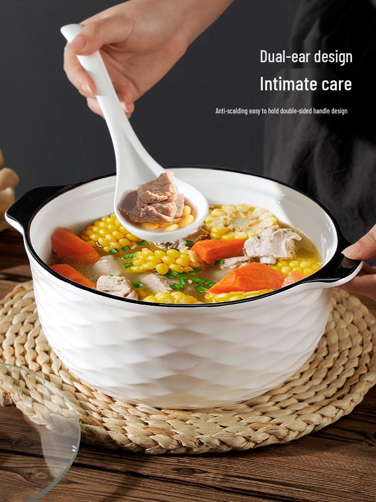 2025 Large 10.5-inch Double-Ear Ceramic Sauerkraut Fish Bowl with Lid - Anti-Scald, High-Capacity Soup Basin