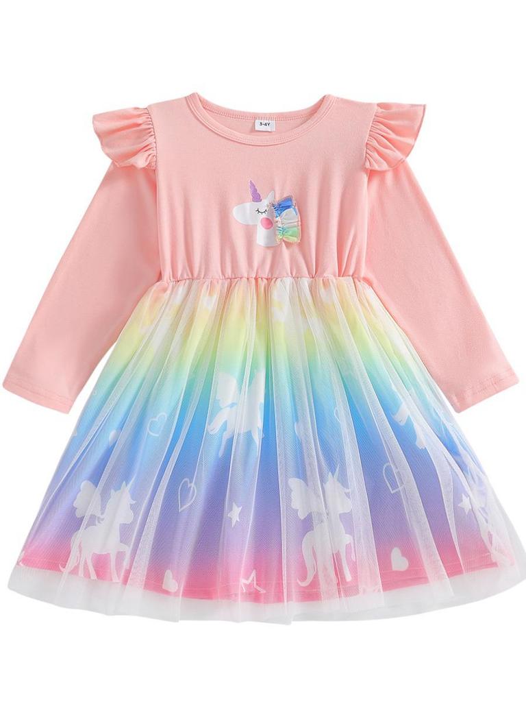 2025 Herbst Einhorn Prinzessin Mesh Kleid für Mädchen - Trendy Fairy Cartoon Design für kleine Kinder