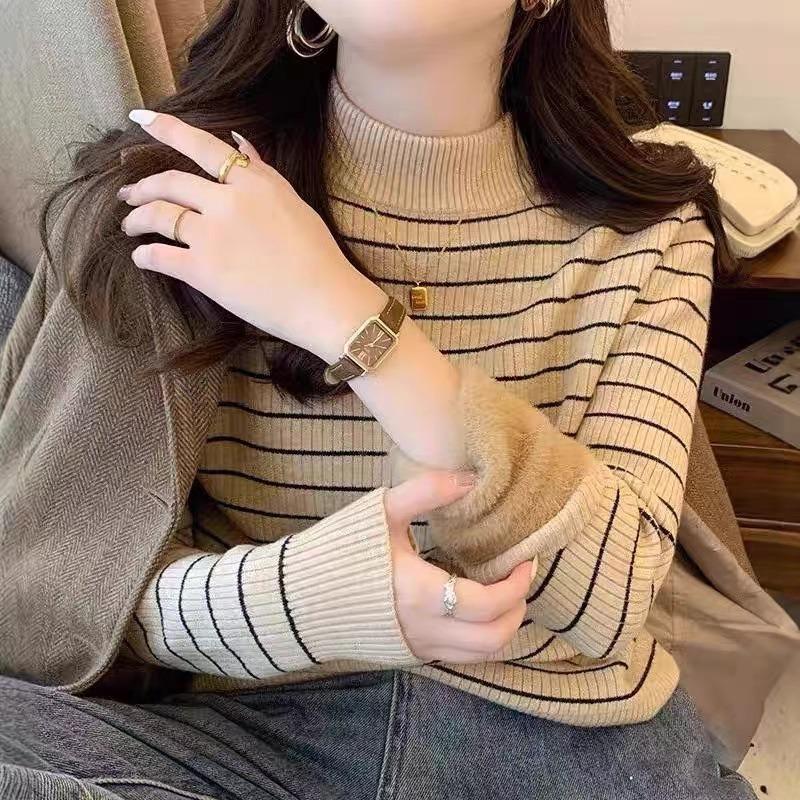 Semi-turtleneck striped color matching integrated fleece plush thick sweater for women's autumn and winter new bottoming knitted sweater for women