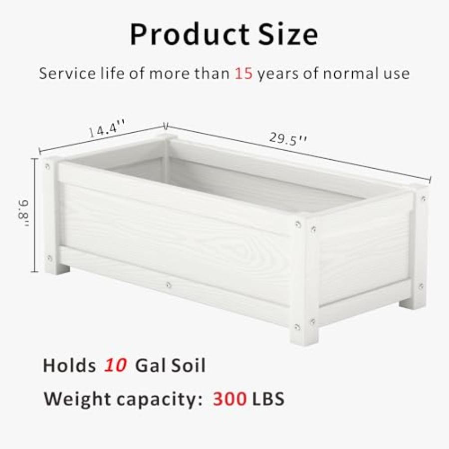 HDPE Raised Planter Box Outdoor Rot-Resistant and Non-Cracking Rectangle Planter 29.5 14.4 9.8 In White with Drainage Holes for