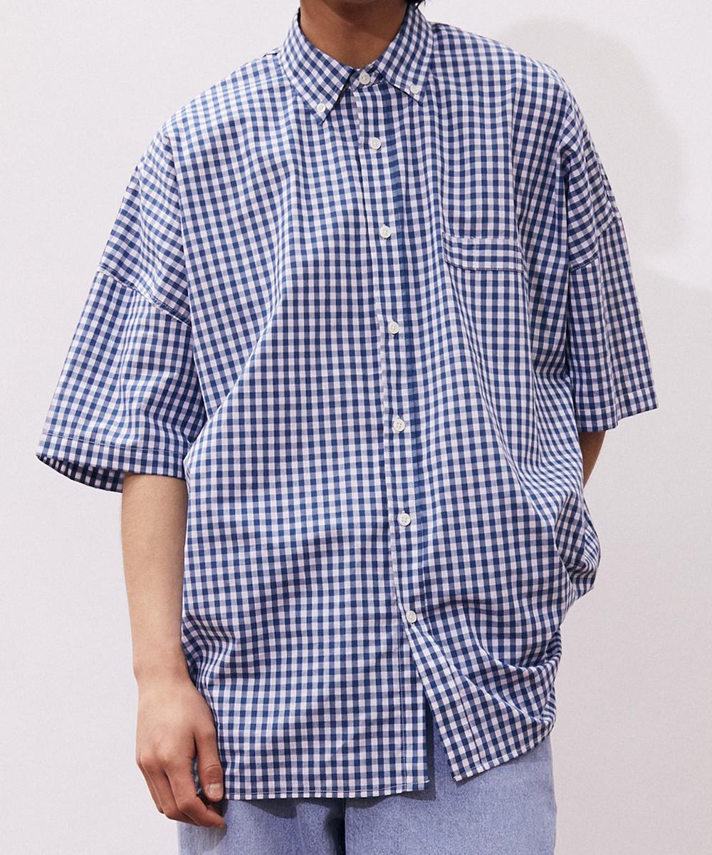 Moa Cover Gingham Check Half Sleeve Shirt (Blue) Red/M