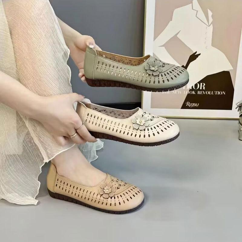 Summer Old Beijing Cloth Shoes Women's Breathable Mesh Shoes Beef Tendon Non-slip Soft Sole Medium Mother Shoes Casual Soft-sided Sandals