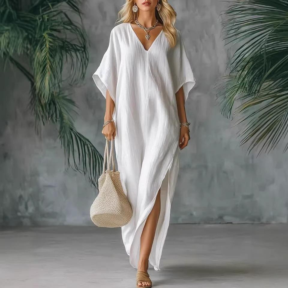 Long Sleeve V-Neck Flowy Maxi Dress with Side Slit In Multiple Colors