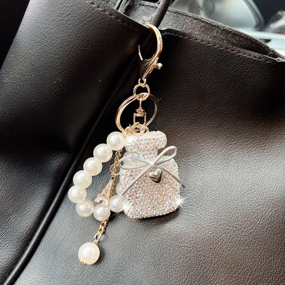 Pearls Perfume Shape Keychain Rhinestone Inlaid Perfume Shape Keyring  Fashion Accessory