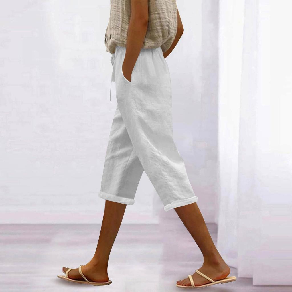 Women's Fashion Casual Loose Colour Cotton Linen Drawstring 7/10 Pants