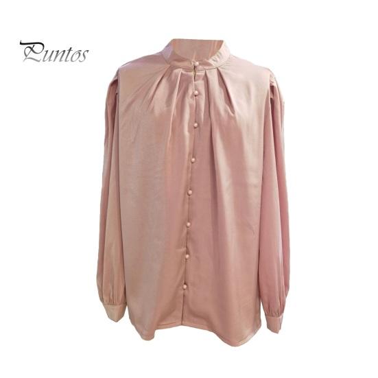 Women Shirt Stand Collar Lantern Long Sleeve Single Breasted Shirt Tops Solid Color Loose Fit Casual Shirt