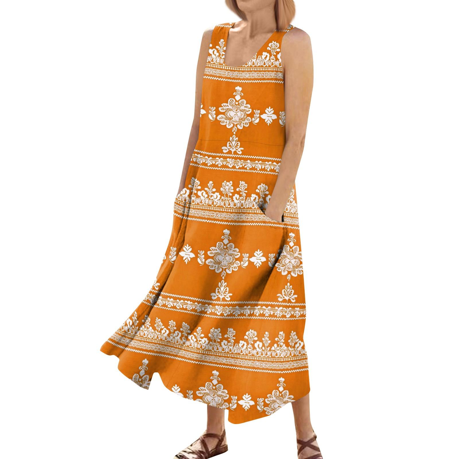 

Women s Summer Casual Fashion Flower Printed Sleeveless Pocket Dress Sleeveless Pocket Dress L помаранчевий