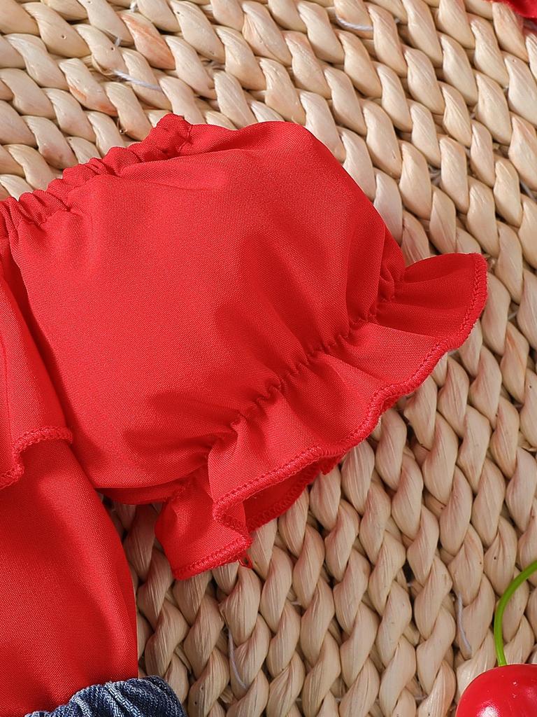 Two-piece set for baby girls: summer off-shoulder camisole with heart embroidered denim shorts