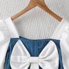 Girls Dress for Children's Clothing 2025 Autumn Square Collar Bow Long Sleeve Splicing Denim Skirt for Girl