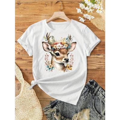 Europäische Größe Damen Vintage T-Shirt mit Hirschdruck und Blumenkranz - Lässiges Rundhals-Kurzarm-T-Shirt für alle Jahreszeiten, Stoff mit mittlerer Dehnbarkeit