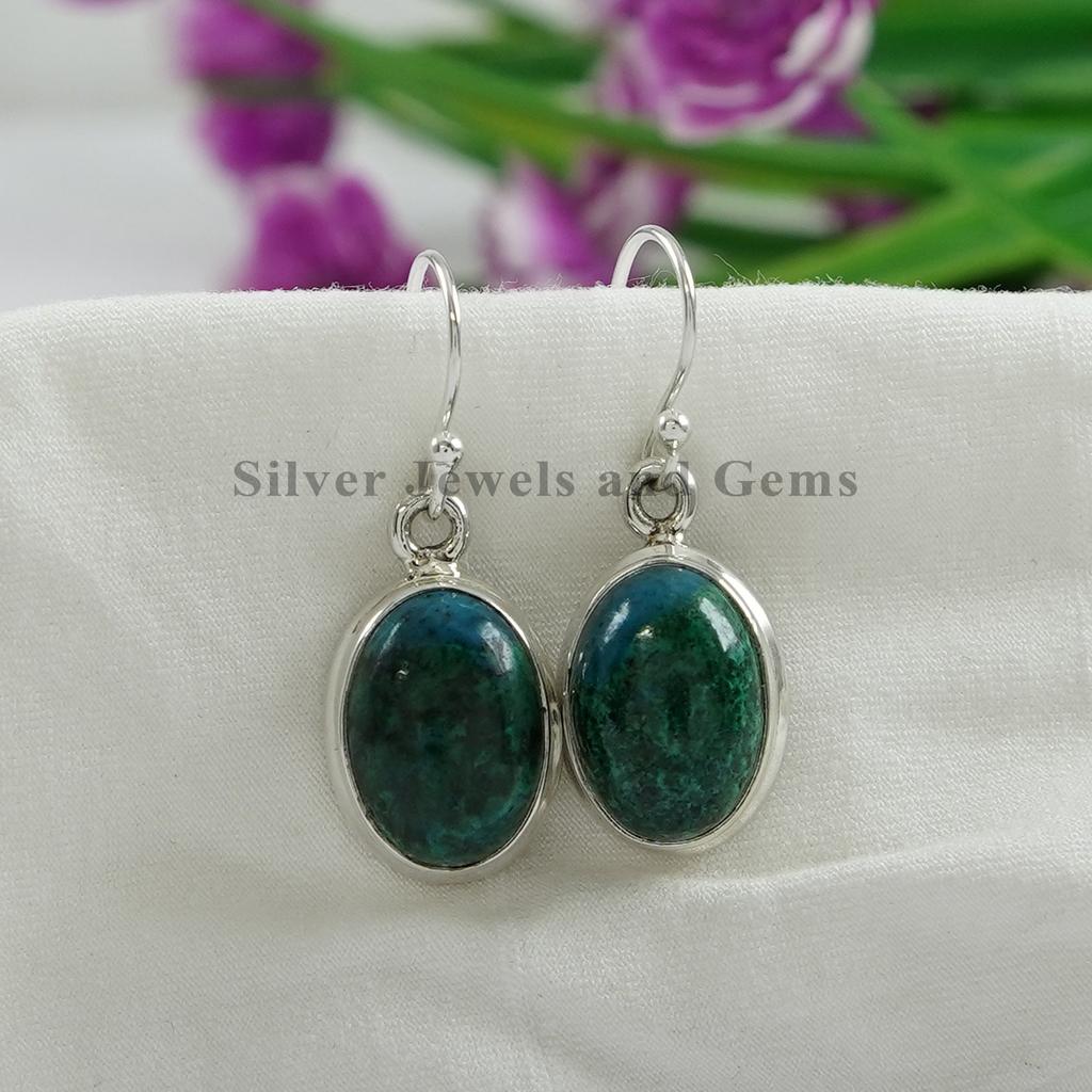 Oval Chrysocolla Earrings: Handmade 925 Sterling Silver Green Gemstone Earring
