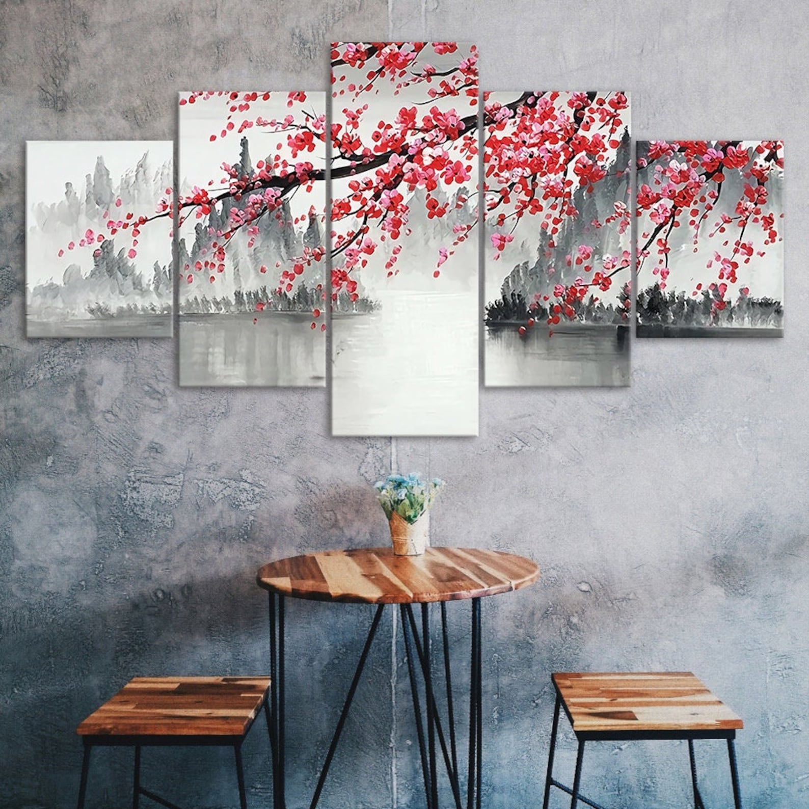 

Chinese Sakura Scenery Painting 5 Piece Five Panel Wall Canvas Print Modern Art Poster Picture Home Decor Gift For Him For Her 20X35 20X45 20X55CM