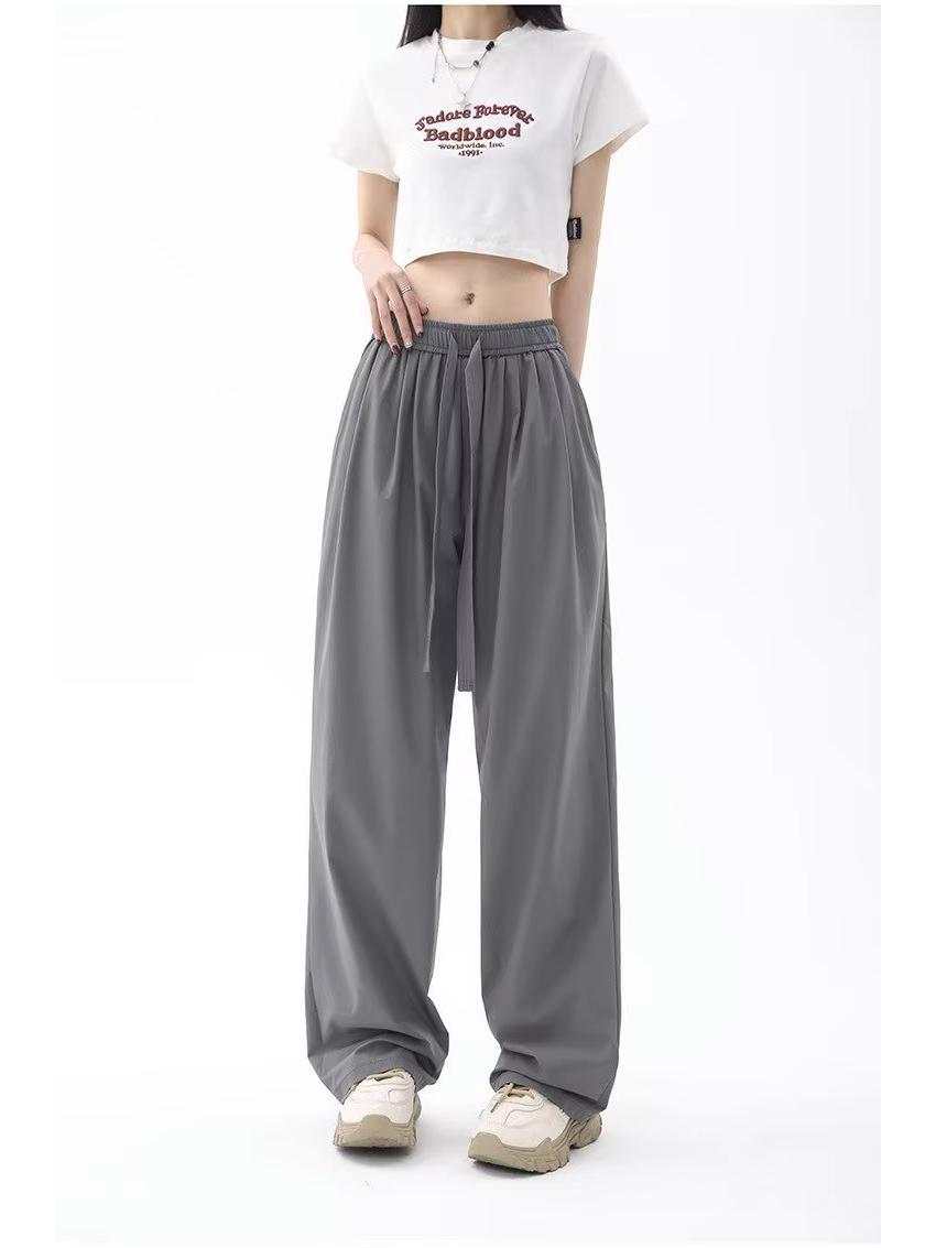 

Женские летние брюки из ледяного шелка с высокой посадкой, серые, с широкими штанинами - 2025, тонкий стиль, защита от солнца, драпирующиеся, прямой крой M темно-серого