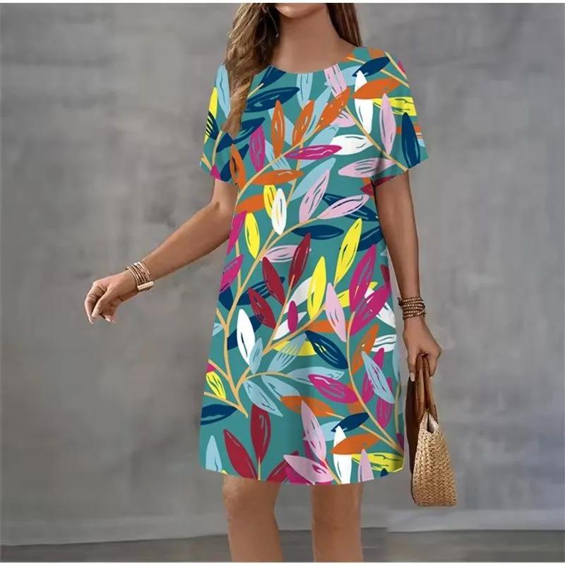 Fashion Women's Crew Neck Dress 3D Casual Color Printing Casual Short Sleeve Crew Neck Dress