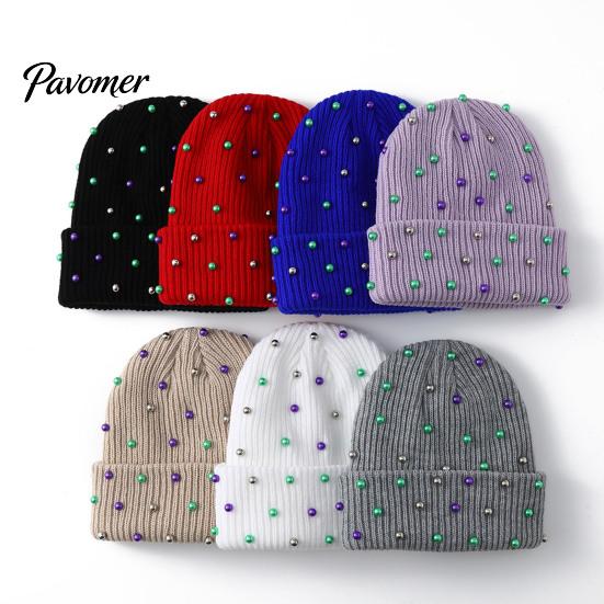 Soft Vertical Texture Hats Unisex Beanies with Colorful Beads, Winter Warm Knitted Hat, Casual Stylish Knit Skull Caps Stretch Cozy Cap for