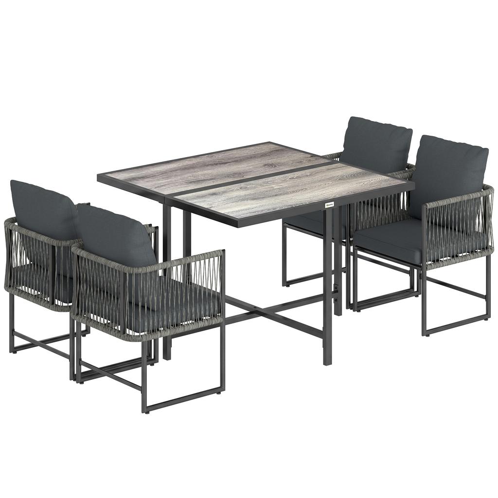 Poly Rattan Garden Furniture Set 5-Piece Space-Saving Seating Group Table with 4 Chairs DPC Tabletop Cushions Grey