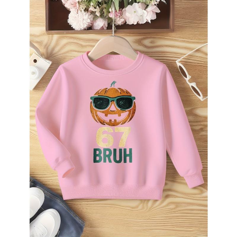 Kids Unisex Crewneck Sweatshirt, Retro Cool Pumpkin Sunglasses 67 BRUH Halloween Print Long Sleeve Pullover, Soft Sweatshirts for Boys Girls Ages 4+