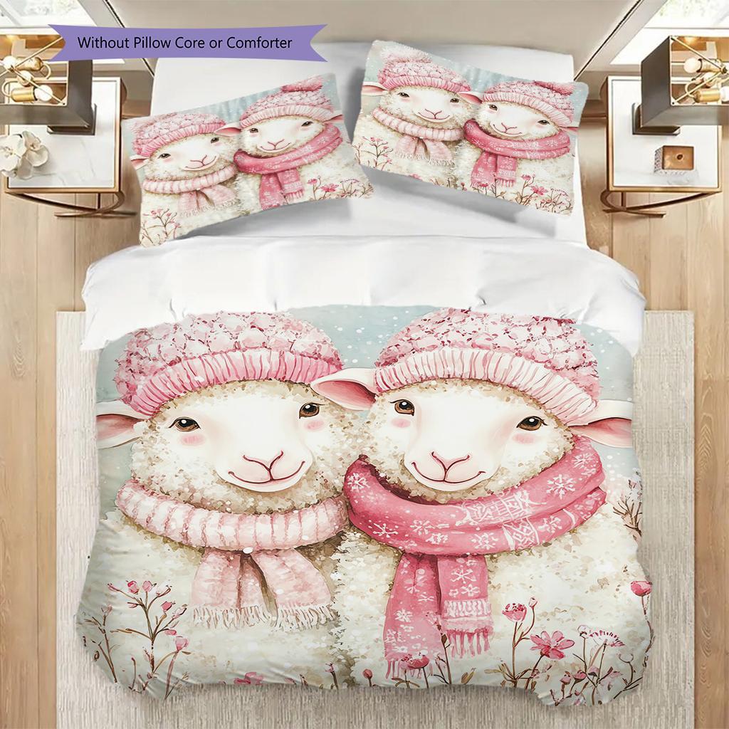 Sheep and Puppies Pattern Bedding Quilt Set Quilt Cover Pillowcase Home Decoration Birthday Gift (1 * Duvet Cover + 2 * Pillowcase, Without Core)
