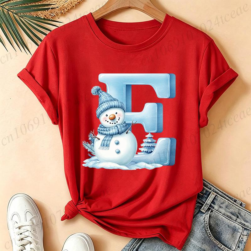 Christmas Snowman Alphabet T-Shirt Women Blue Ice Alphabet Graphic Tees Christmas Holiday Casual Red Short Sleeve Unisex Tops