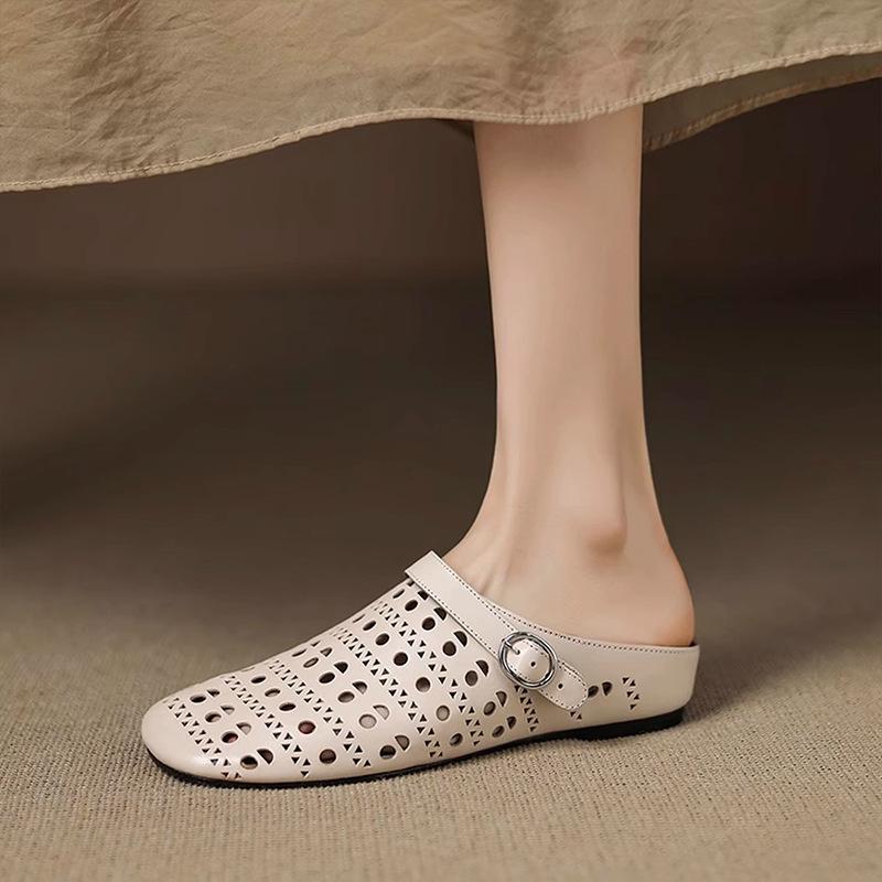 

JX повседневная квадратная пряжка для ремня, полуоткрытые туфли с полым отверстием, летняя одежда, плоская голова, крутые шлепанцы женские 40 бежевый