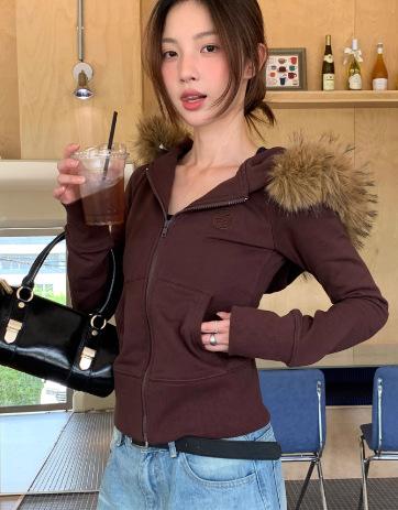 Black slim-fit sweater jacket short women's autumn and winter front shoulder hooded waist top, new