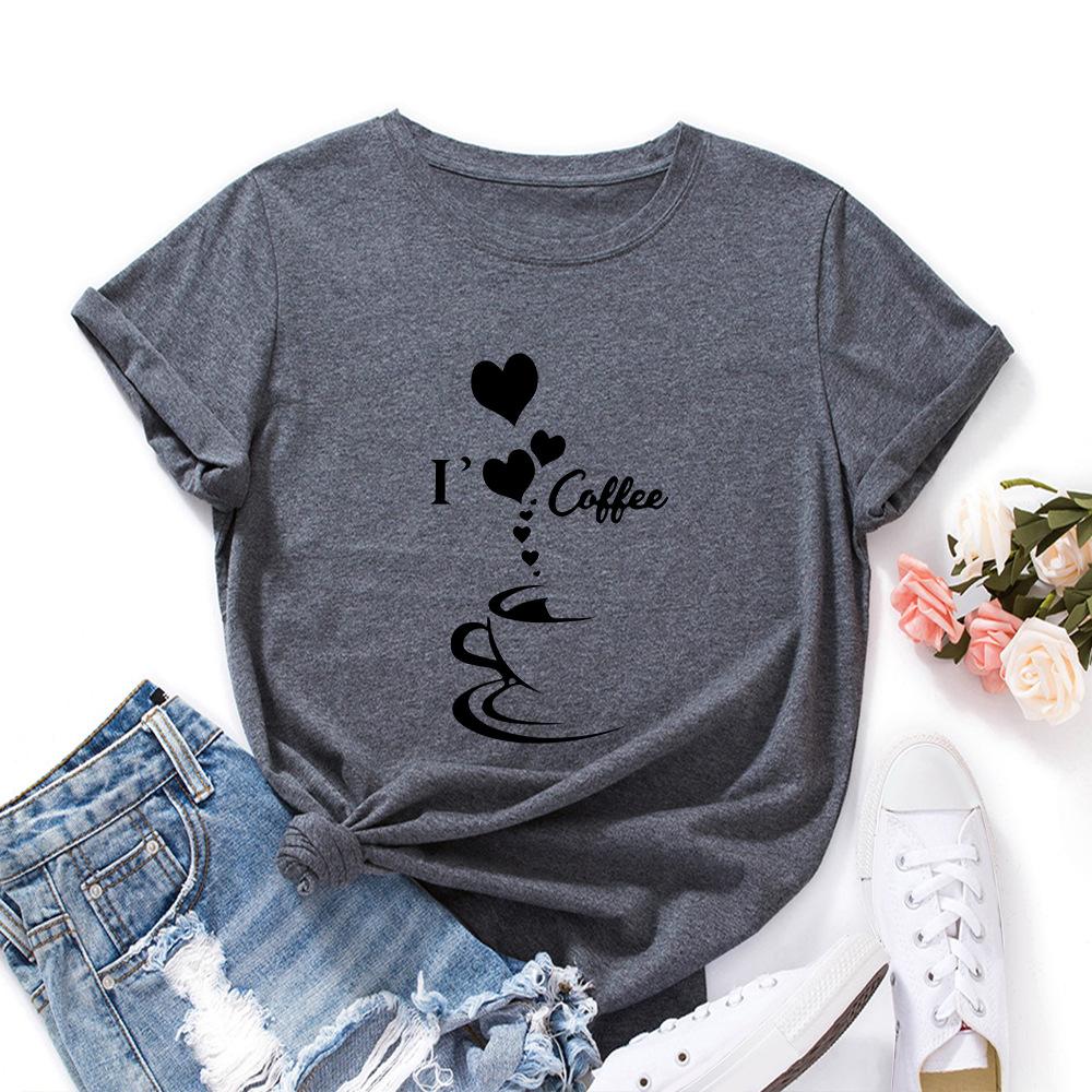I Heart Coffee Cotton T-Shirt Short Sleeve Round Neck Women 2d Print Tops