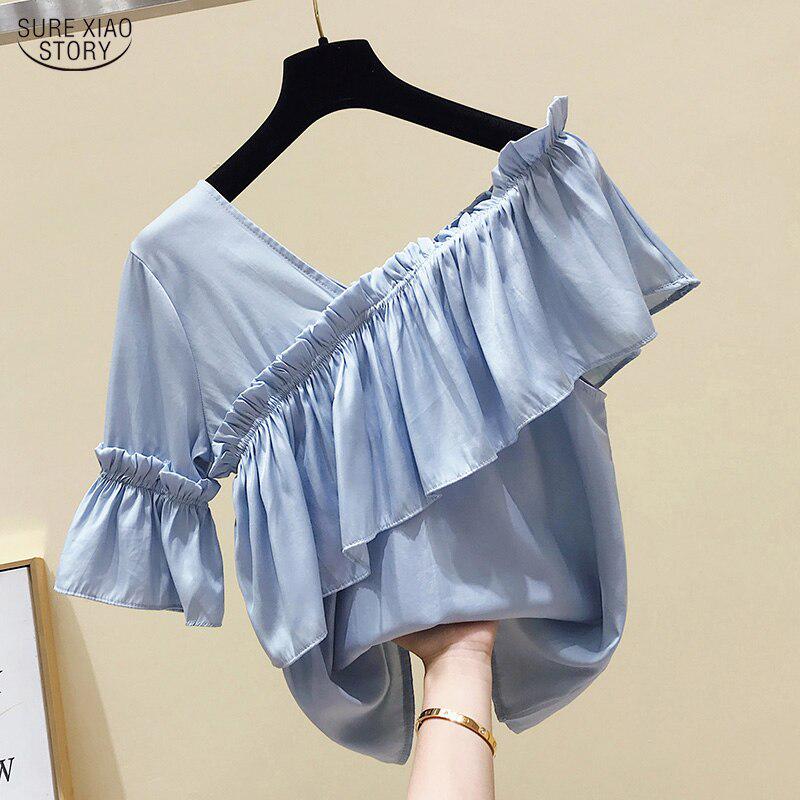

Летние блузки женские однотонные белые рубашки Blusas Mujer De Moda 2020 с коротким рукавом нестандартные женские S синий