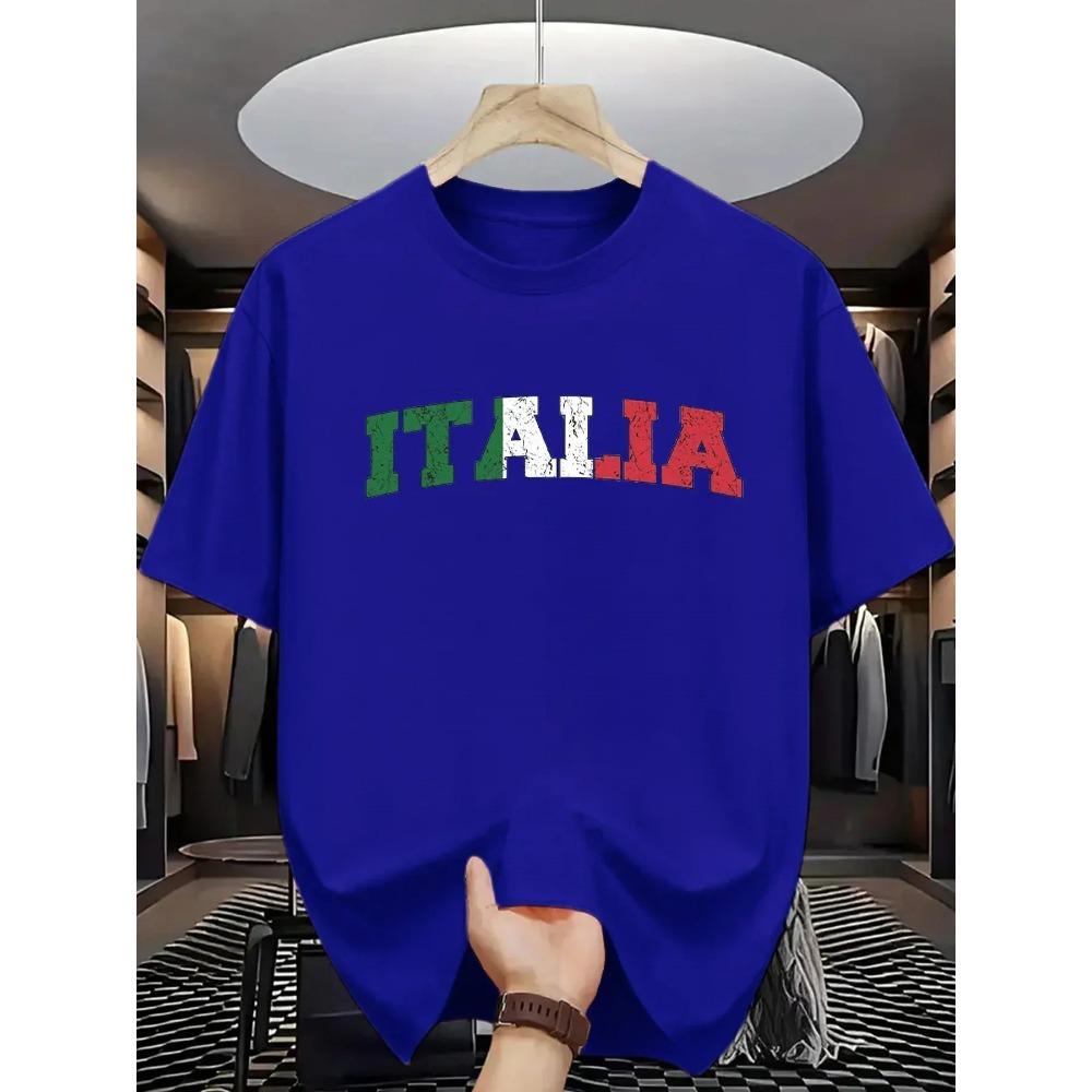 Summer Men's 100% Pure Cotton Fashionable Casual Loose Italian Letter Printed Sporty Round-neck Short-sleeved T-shirt Top