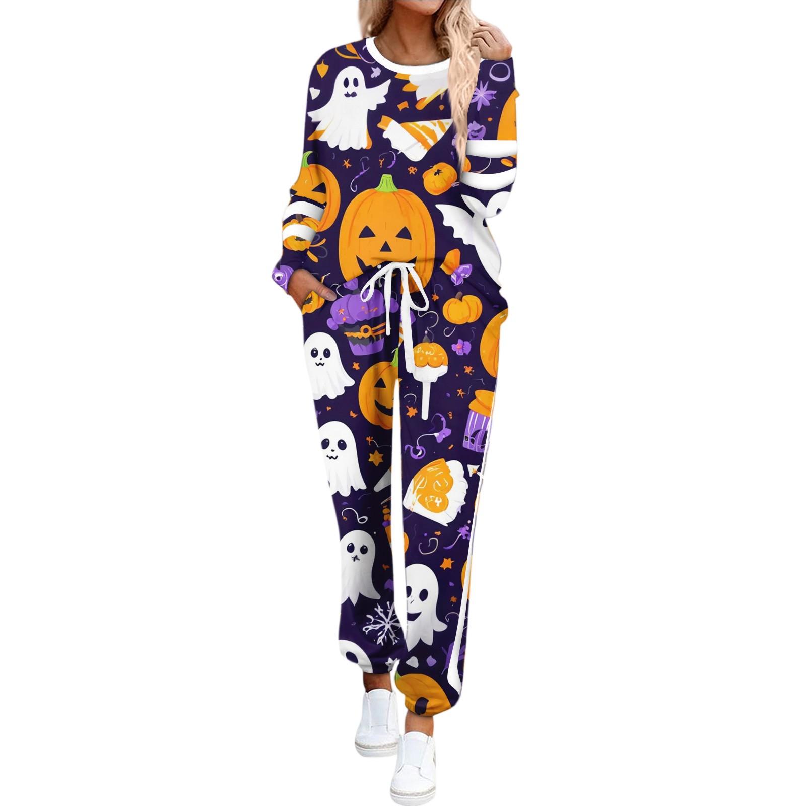 

Women s Round Neck Long Sleeve Suit Halloween Printed Casual Suit Long Pants With Pockets XXL