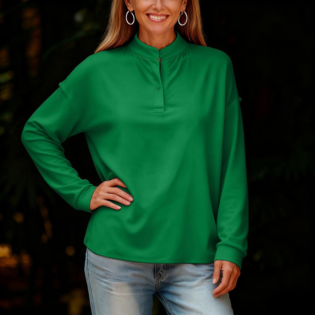 Dámské módní a ležérní volné jednobarevné top s dlouhým rukávem, kulatým výstřihem a zapínáním na knoflíky