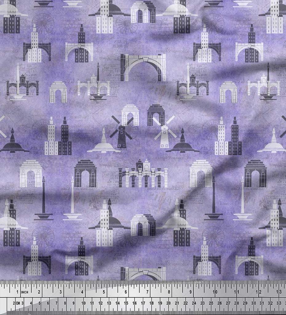 Soimoi Purple Japan Crepe Satin Fabric Text & Monuments Architectural Print Sewing Fabric Metre 42 Inch