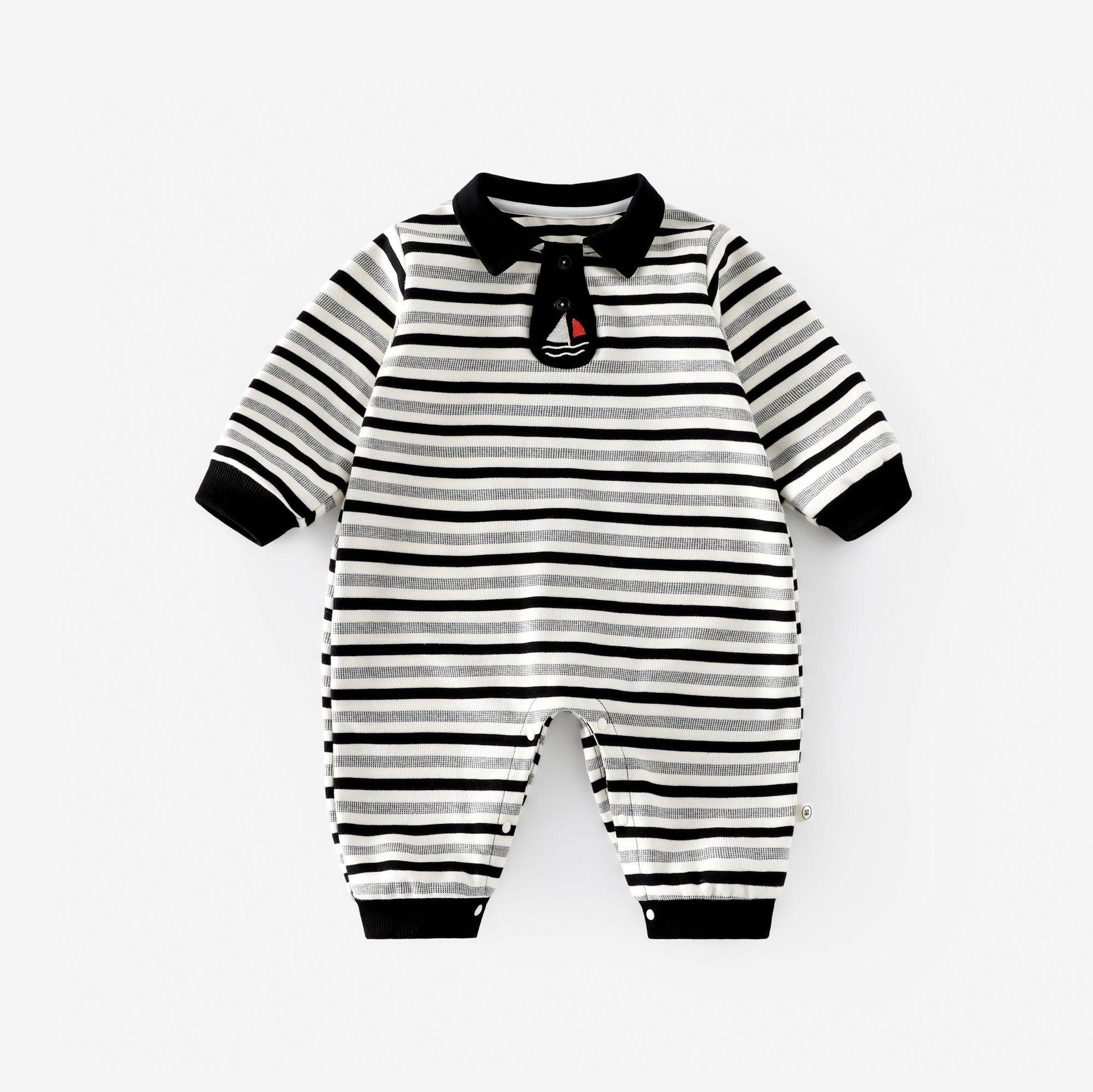 

New Autumn 2025 Sailboat Striped Baby Boy Romper - Trendy Newborn Jumpsuit with Full Print Design 90 cm