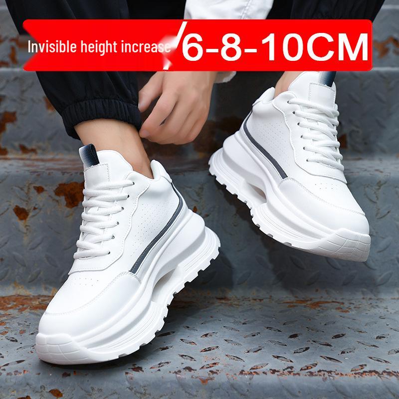 Men's White Hidden Lift Casual Sneakers, 10cm Height Boost, Thick Sole, Trendy Dad Shoes