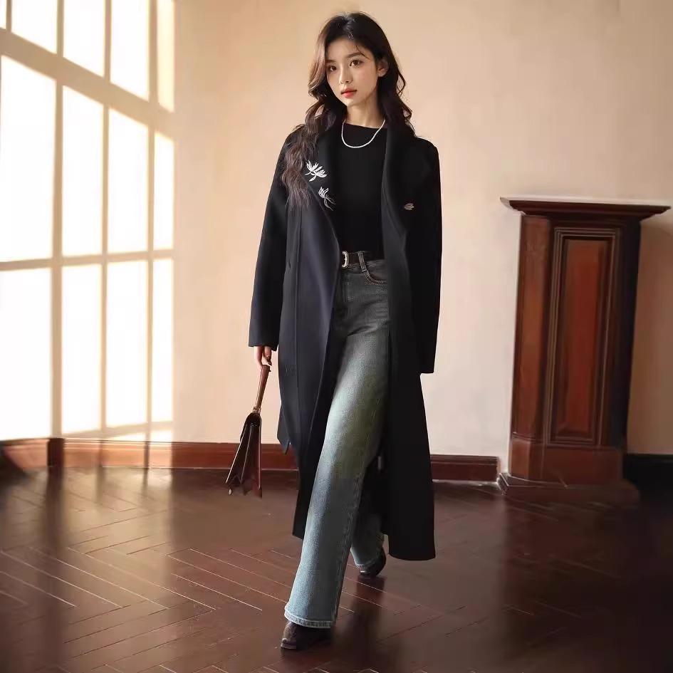 

Осенне-зимнее высококлассное двустороннее кашемировое пальто, женственное вышитое шерстяное пальто средней длины M 120-70 kg чёрный